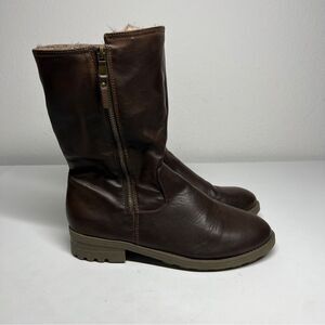 SM Cozy Women Size 11M Brown Faux Leather Winter Lined Faux Fur Boots 2 Zip